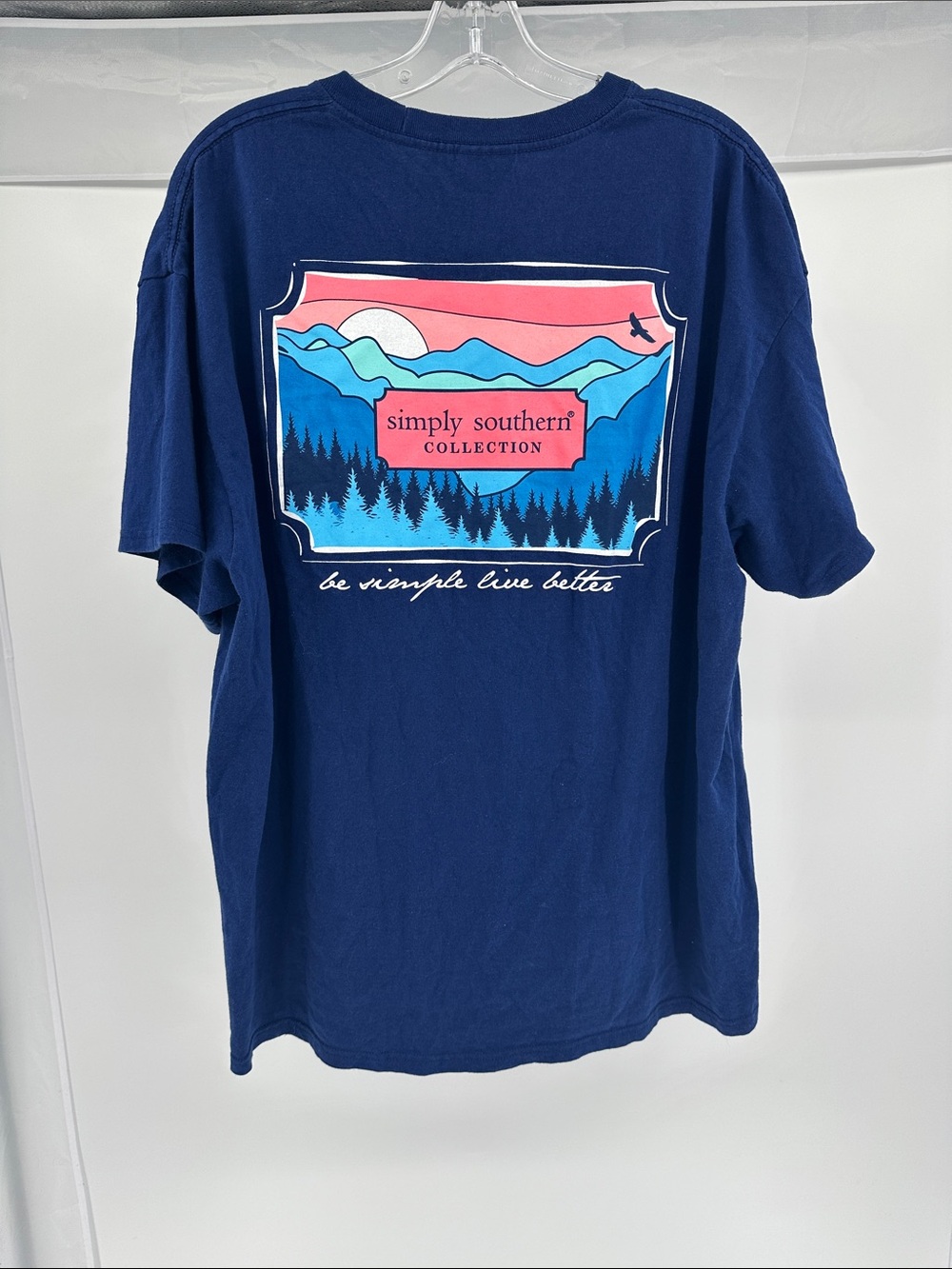 Simply Southern Navy Tee with Blue and Pink Mountain Graphic